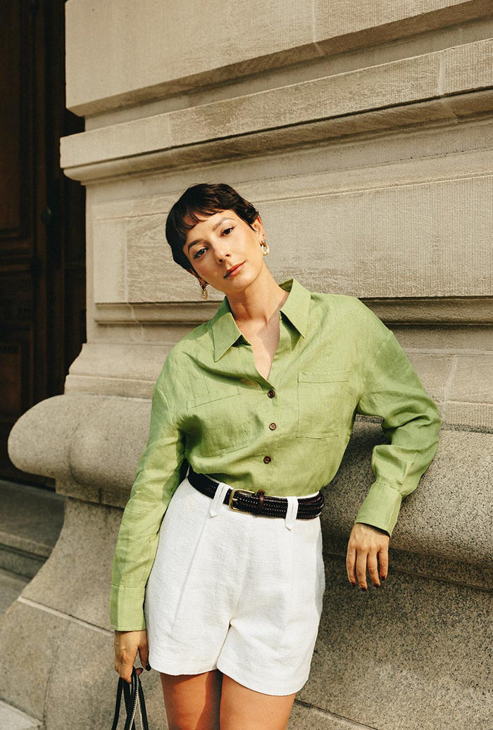 Petite Studio's Benoite Linen Shirt in Olive Green