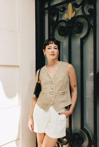 Petite Studio's Jamina Cotton Blend Tweed Vest in Camel