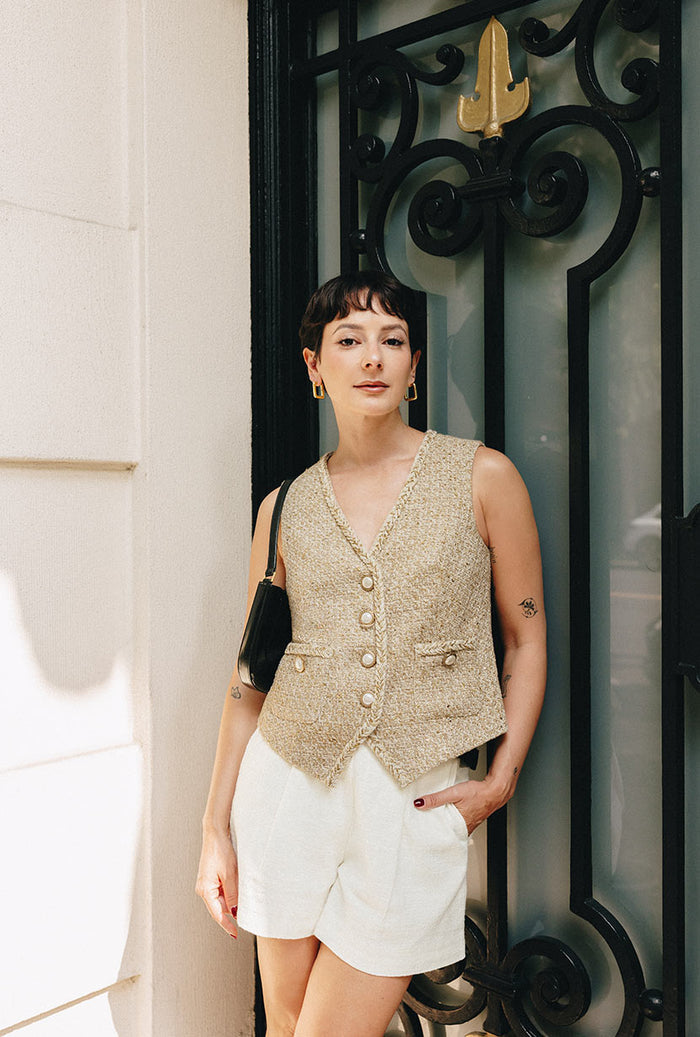 Petite Studio's Jamina Cotton Blend Tweed Vest in Camel