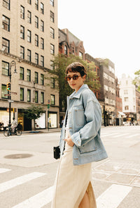 Petite Studio NYC's Moxie Denim Jacket in Light Indigo