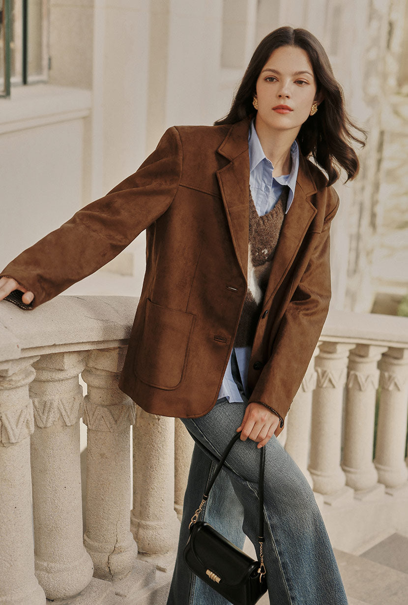 Petite Studio's Dominique Oversized Suede Blazer in Caramel