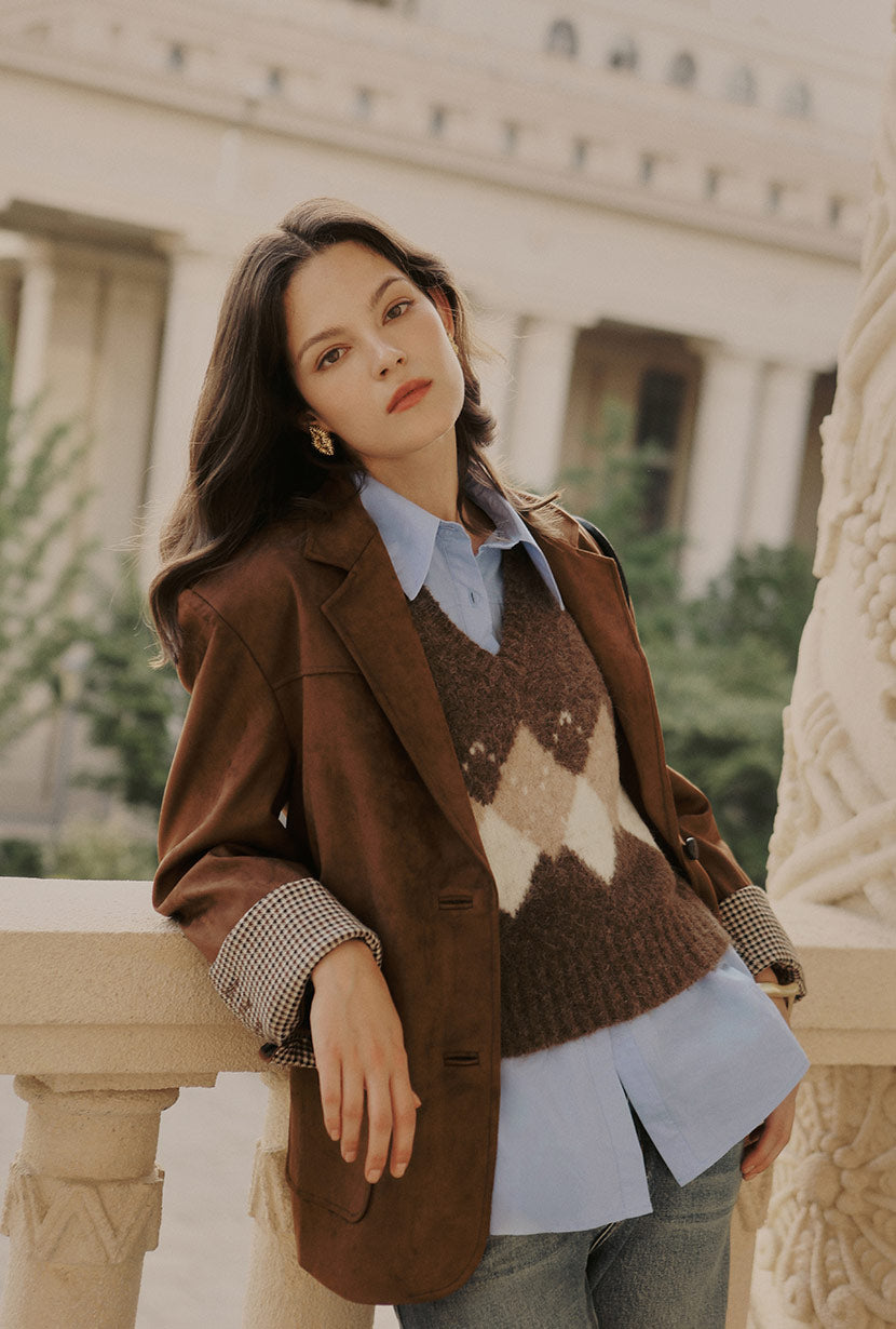 Petite Studio's Dominique Oversized Suede Blazer in Caramel