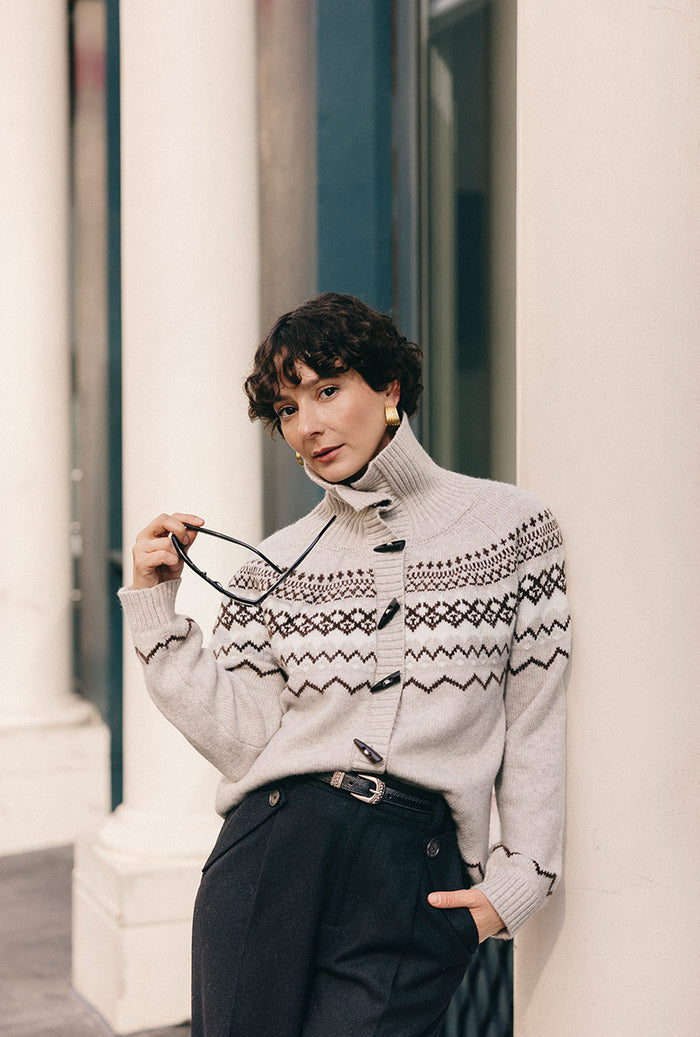 Petite Studio's Cohen Fair Isle Wool Cardigan in Beige