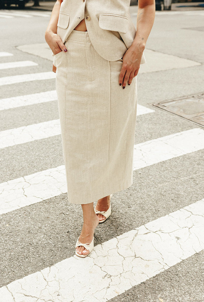 Petite Studio NYC's Teigan Linen Pencil Skirt in Oat