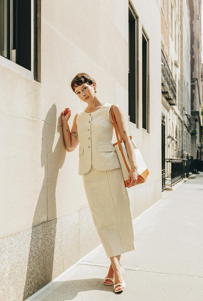 Petite Studio NYC's Teigan Linen Pencil Skirt in Oat