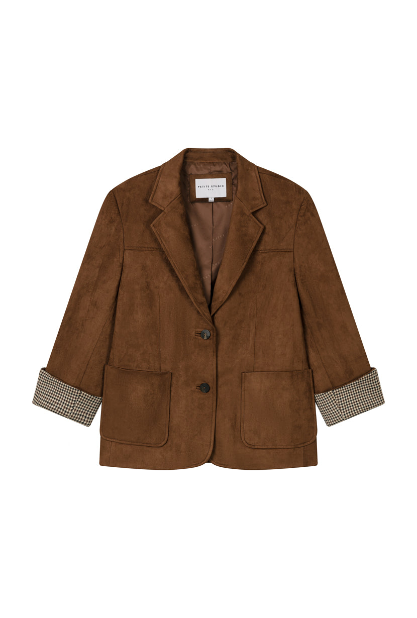 Petite Studio's Dominique Oversized Suede Blazer in Caramel
