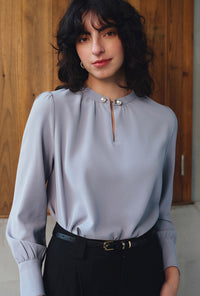 Petite Studio's Office-Appropriate Buvette Pearl Blouse in Dusty Blue
