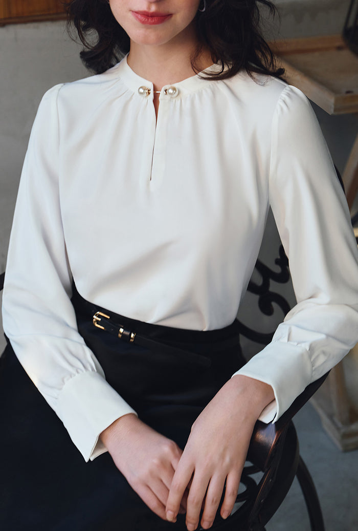 Petite Studio's Office-Appropriate Buvette Pearl Blouse in Ivory