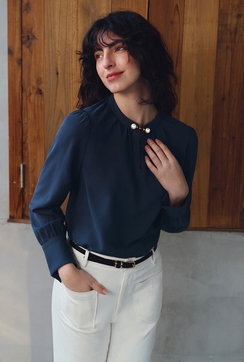 Petite Studio's Office-Appropriate Buvette Pearl Blouse in Navy