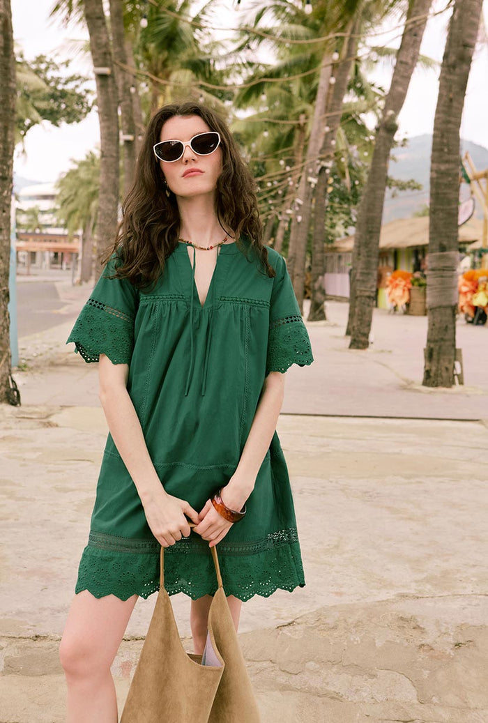 Petite Studio's Gwen Cotton Eyelet Dress in Emerald Green