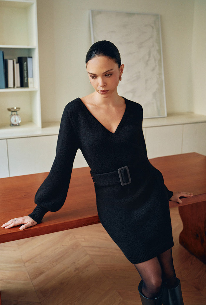 Petite Studio's Galvin Wool Knit Sheath Mini Dress in Black