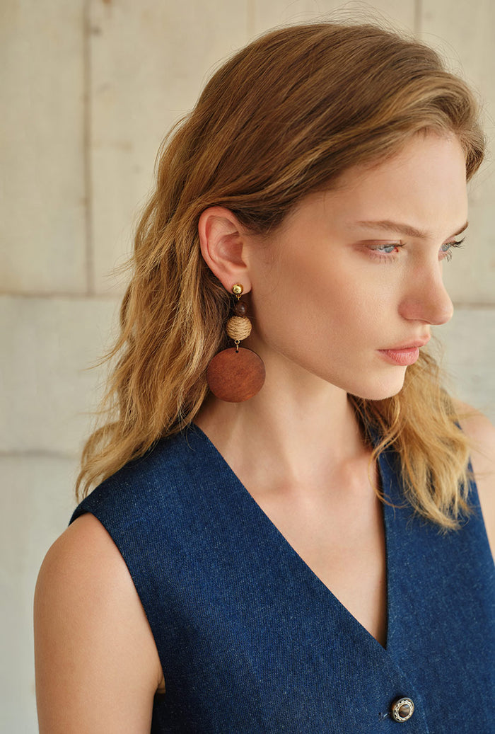 Petite Studio's Fanny Fia Rattan Wood Drop Earrings 