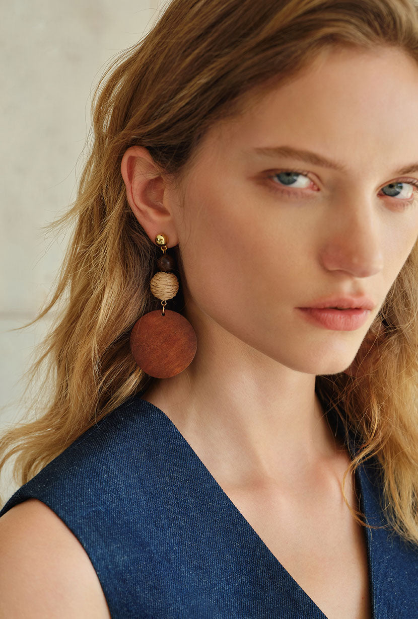 Petite Studio's Fanny Fia Rattan Wood Drop Earrings 