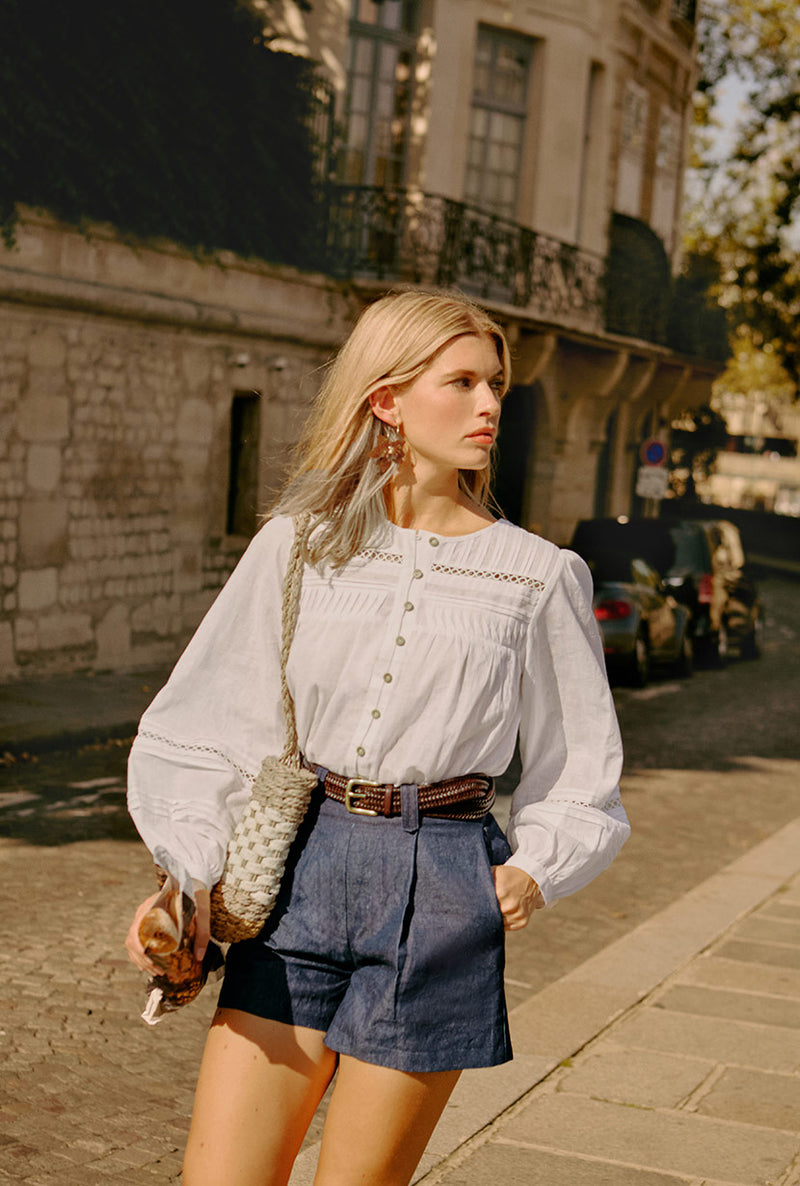 Petite Studio NYC's Elyna Linen Blouse in White