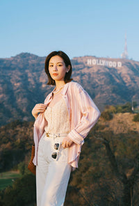Petite Studio's Meg Cotton Shirt in Blush Striped