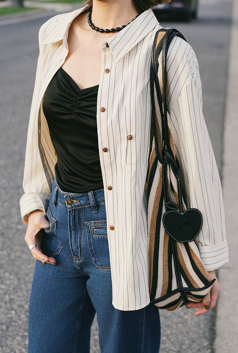 Petite Studio's Meg Tencel-Blend Shirt in Cream Striped