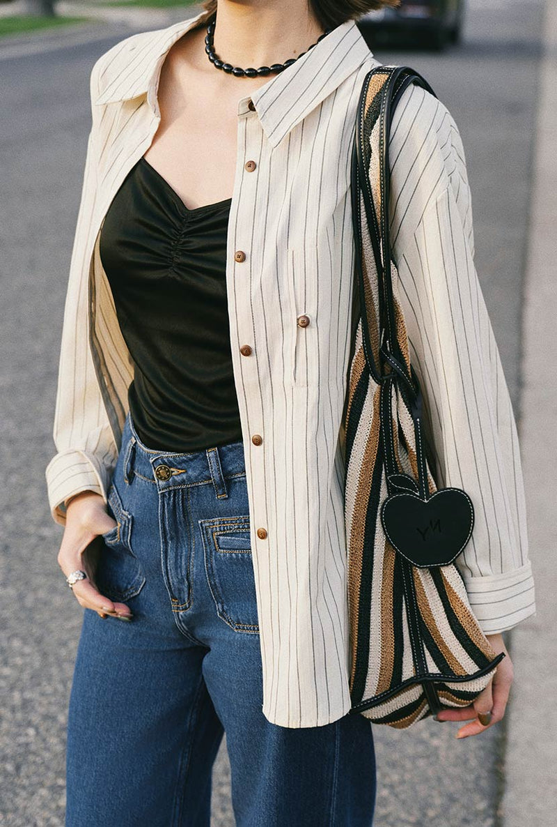 Petite Studio's Meg Tencel-Blend Shirt in Cream Striped