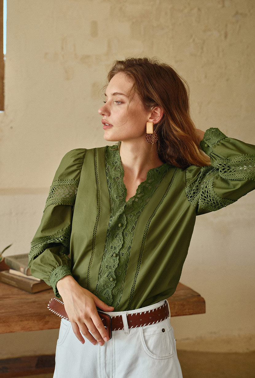 Petite Studio's Drew Cotton Blouse in Green 