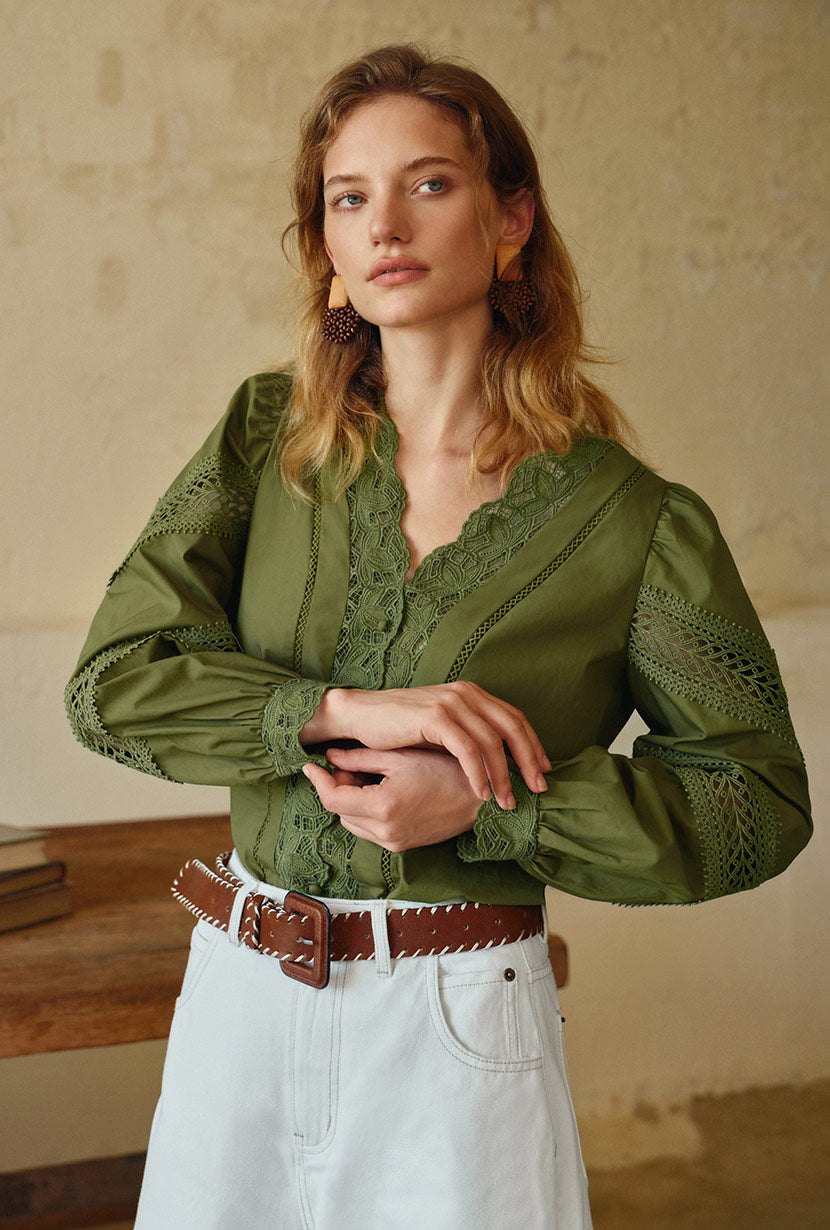 Petite Studio's Drew Cotton Blouse in Green 