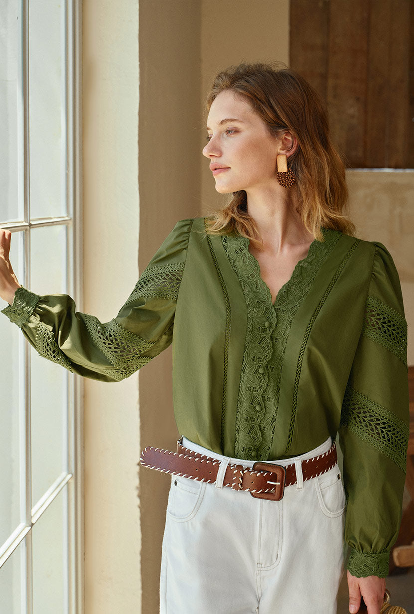 Petite Studio's Drew Cotton Blouse in Green 