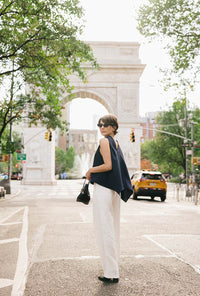 Petite Studio's Didi Cowl Neck Flared Top in Navy