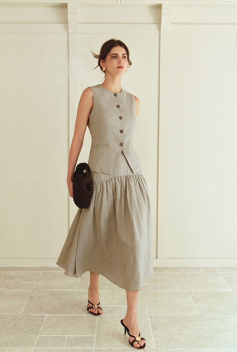 Petite Studio's Rozi Linen Vest in Sand