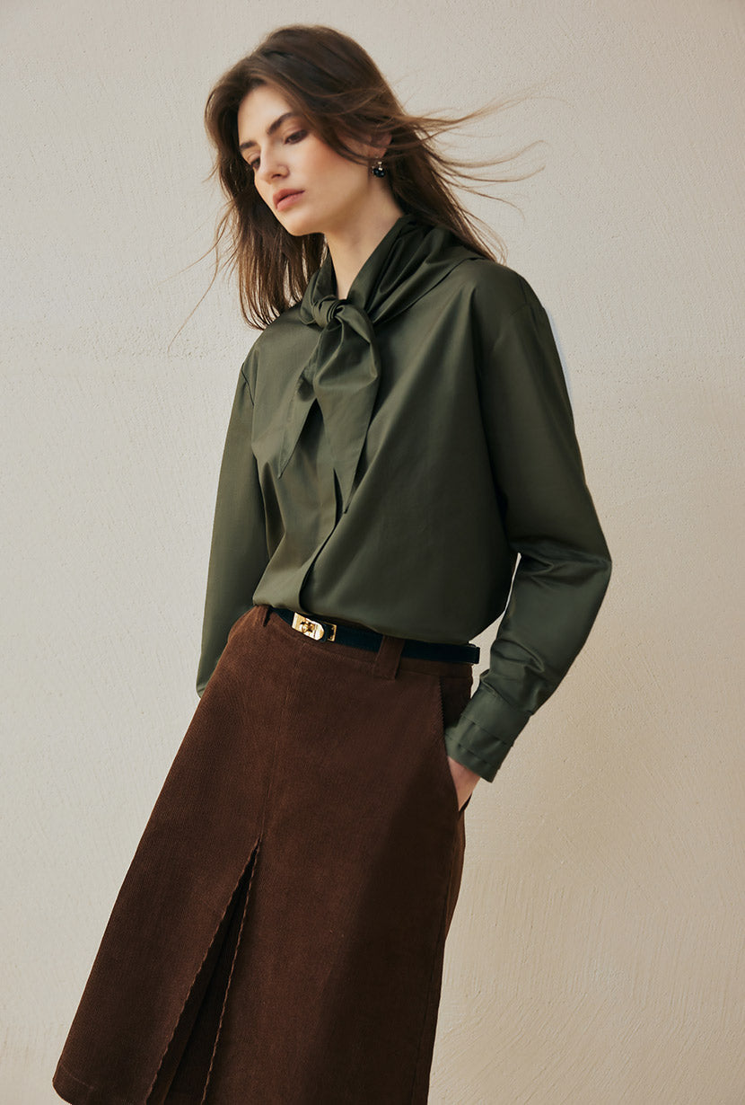 Petite Studio's Finn Cotton Scarf Shirt in Moss Green
