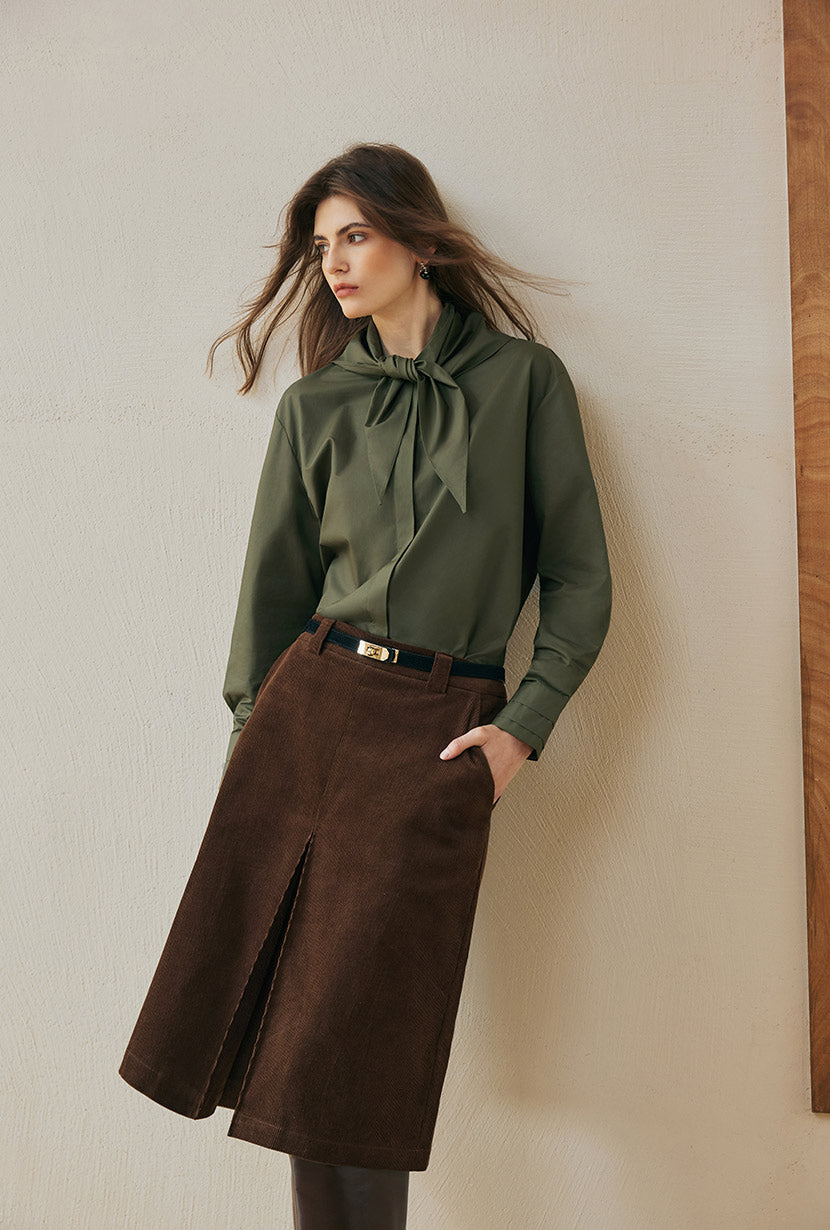 Petite Studio's Finn Cotton Scarf Shirt in Moss Green