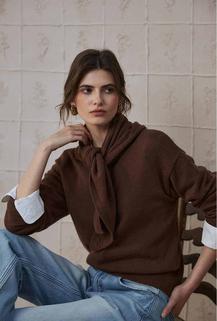 Petite Studio's Nori Merino Wool Scarf Sweater in Chocolate