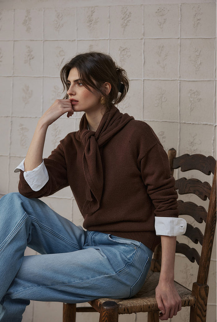 Petite Studio's Nori Merino Wool Scarf Sweater in Chocolate
