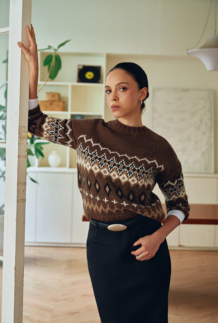 Petite Studio's Marcus Fair Isle Merino Wool Sweater in Brown