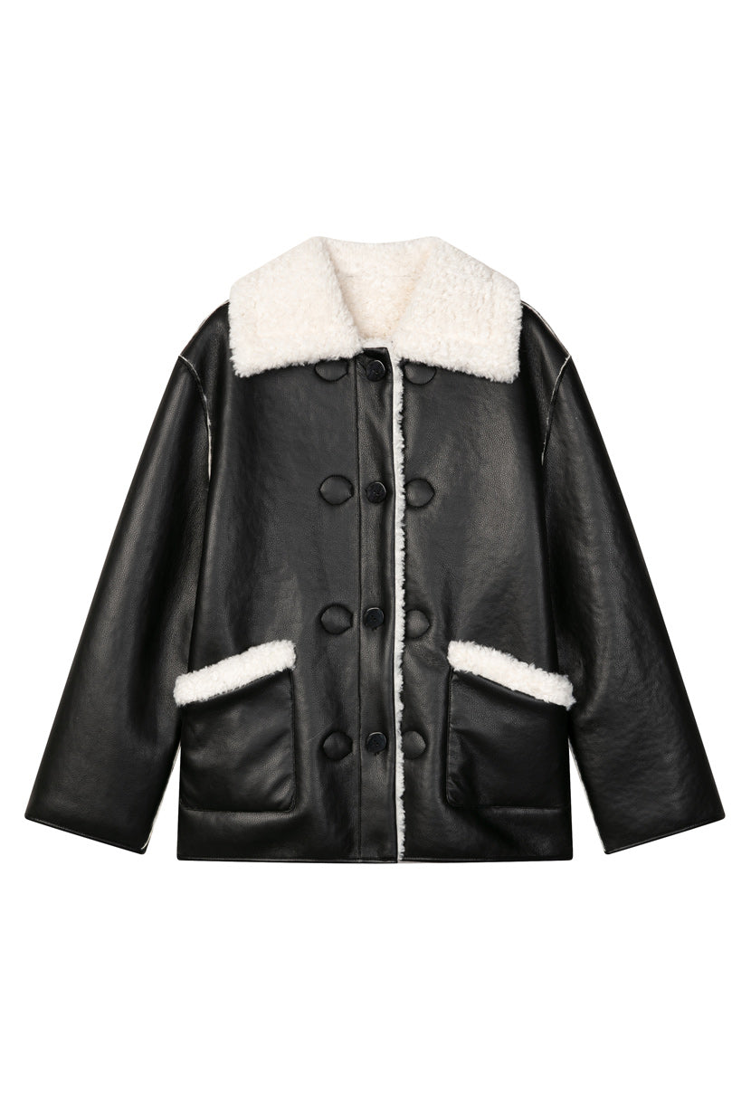 Petite Studio's  Marron Reversible Jacket in Faux Teddy Fur & Leather