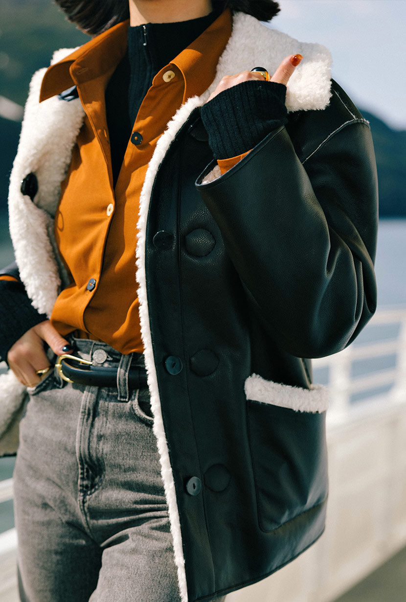 Petite Studio's  Marron Reversible Jacket in Faux Teddy Fur & Leather