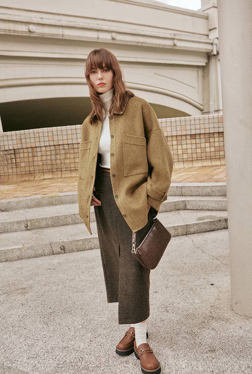 Petite Studio's Newton Oversized Wool Jacket in Olive Brown
