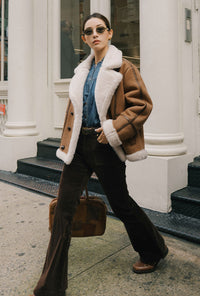 Petite Studio's Callen Suede and Fur Faux Shearling Coat in Tawny