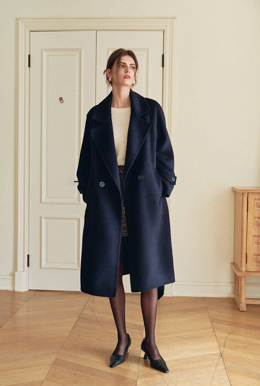 Petite Studio's Carina Wool Scarf Coat in Navy 