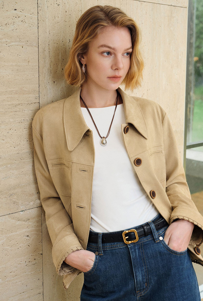 Petite Studio's Chiara Suede Jacket in Camel