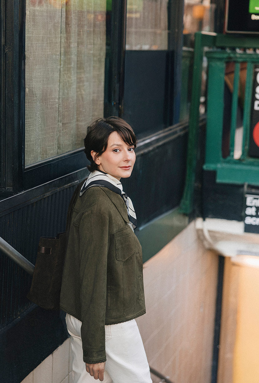 Petite Studio's Chiara Suede Jacket in Deep Olive 