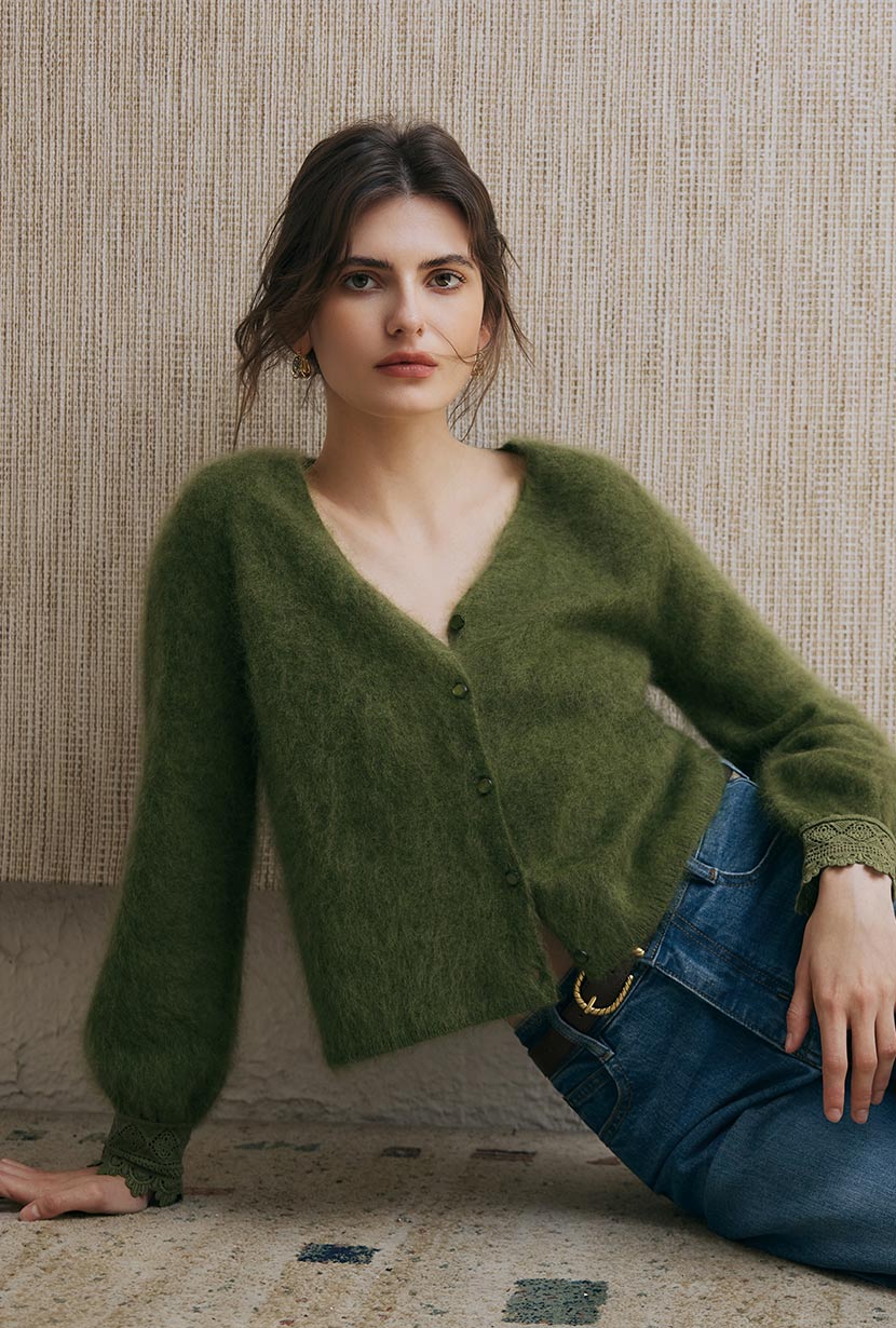 Petite Studio's Murphy Brushed Merino Wool Cardigan in Olive Green