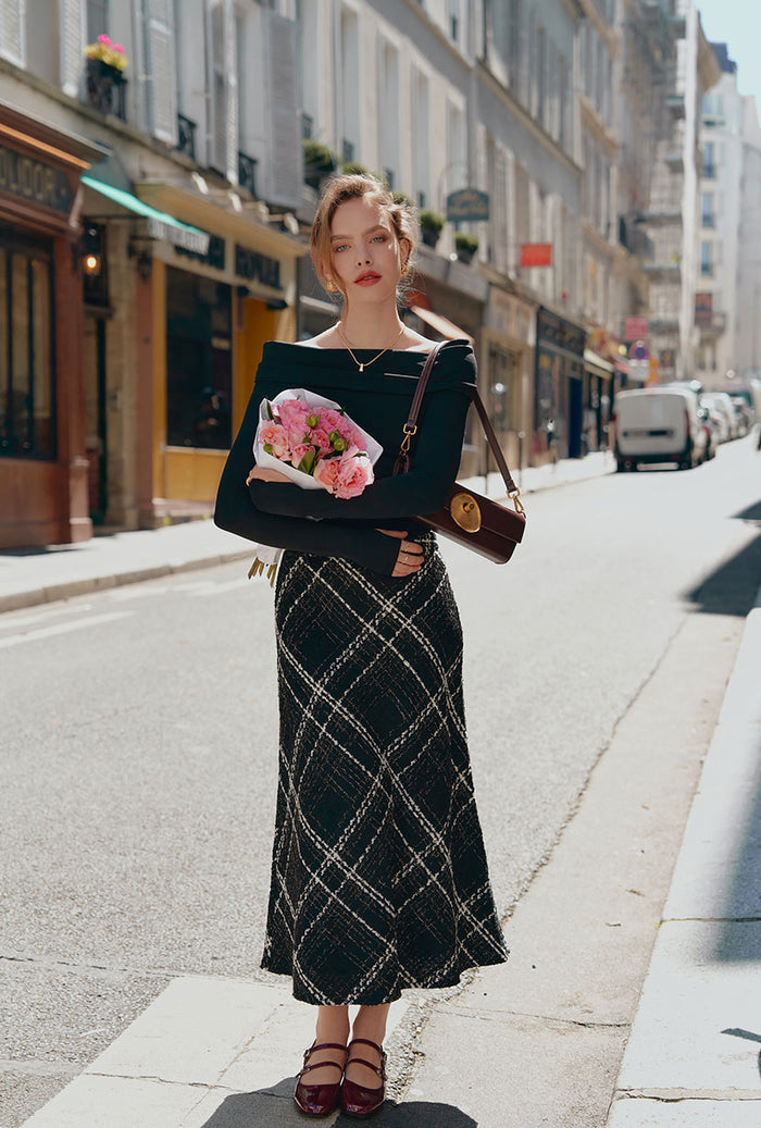 Petite Studio's Monty Midi Tweed Skirt in Black