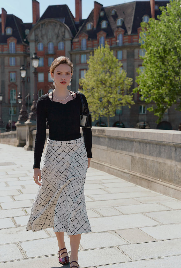 Petite Studio's Monty Midi Tweed Skirt in Ivory