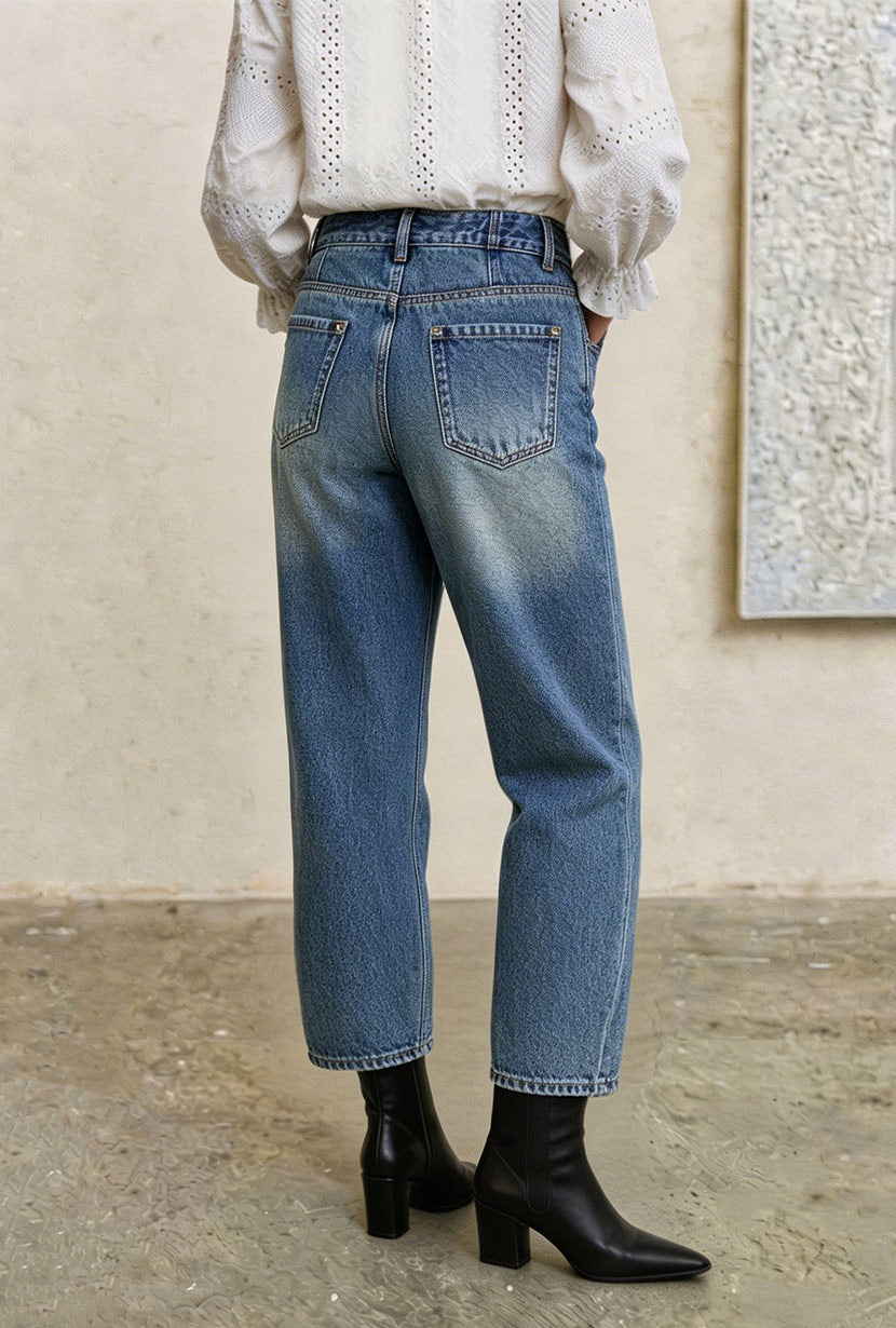 Petite Studio's Bentley Straight Cropped Jeans in Medium Blue 