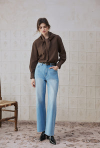 Petite Studio's Cayden Mid-Rise Straight-Leg Jeans in Light Blue