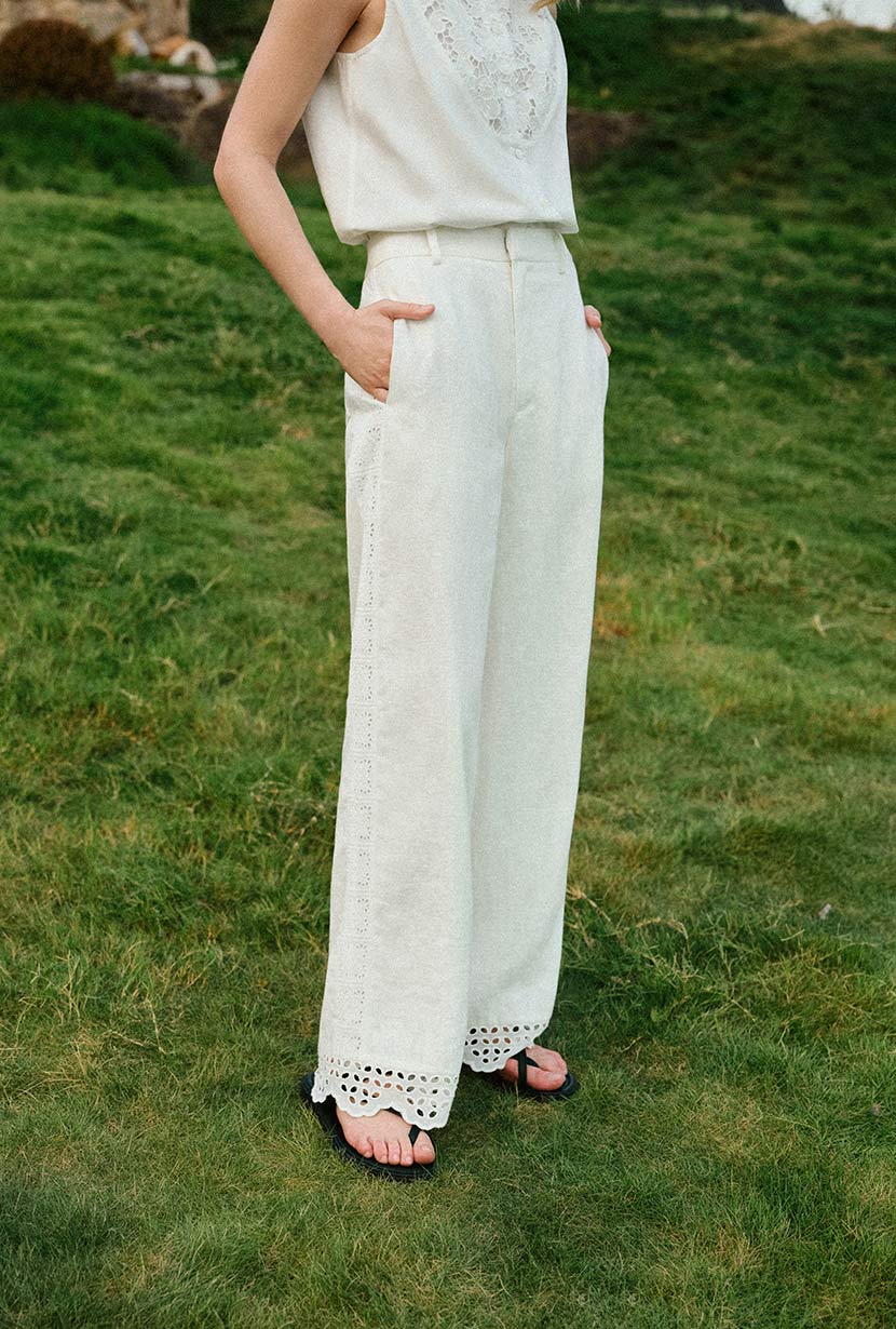 Petite Studio's Dasha Eyelet Linen Pants in White