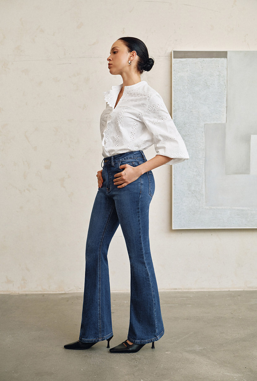 Petite Studio's Asher Mid-Rise Flared Jeans in Vintage Blue