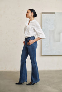 Petite Studio's Asher Mid-Rise Flared Jeans in Vintage Blue