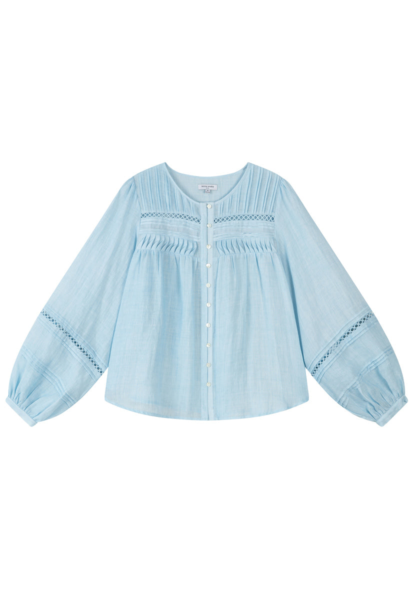 Petite Studio NYC's Elyna Linen Blouse in Sky