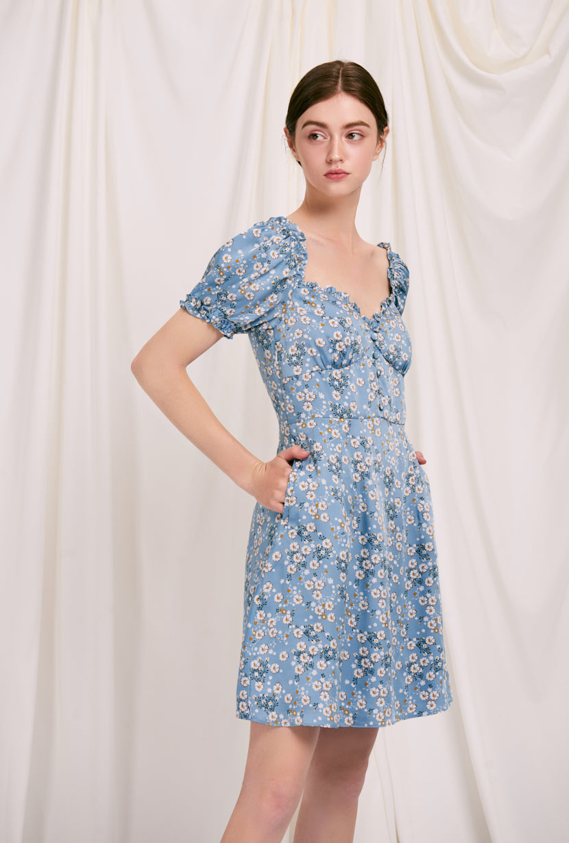 Maisy Dress - Blue Floral - blue floral flared mini dress with sweetheart neckline and ruffle at neckline and sleeve - Petite Studio NYC 