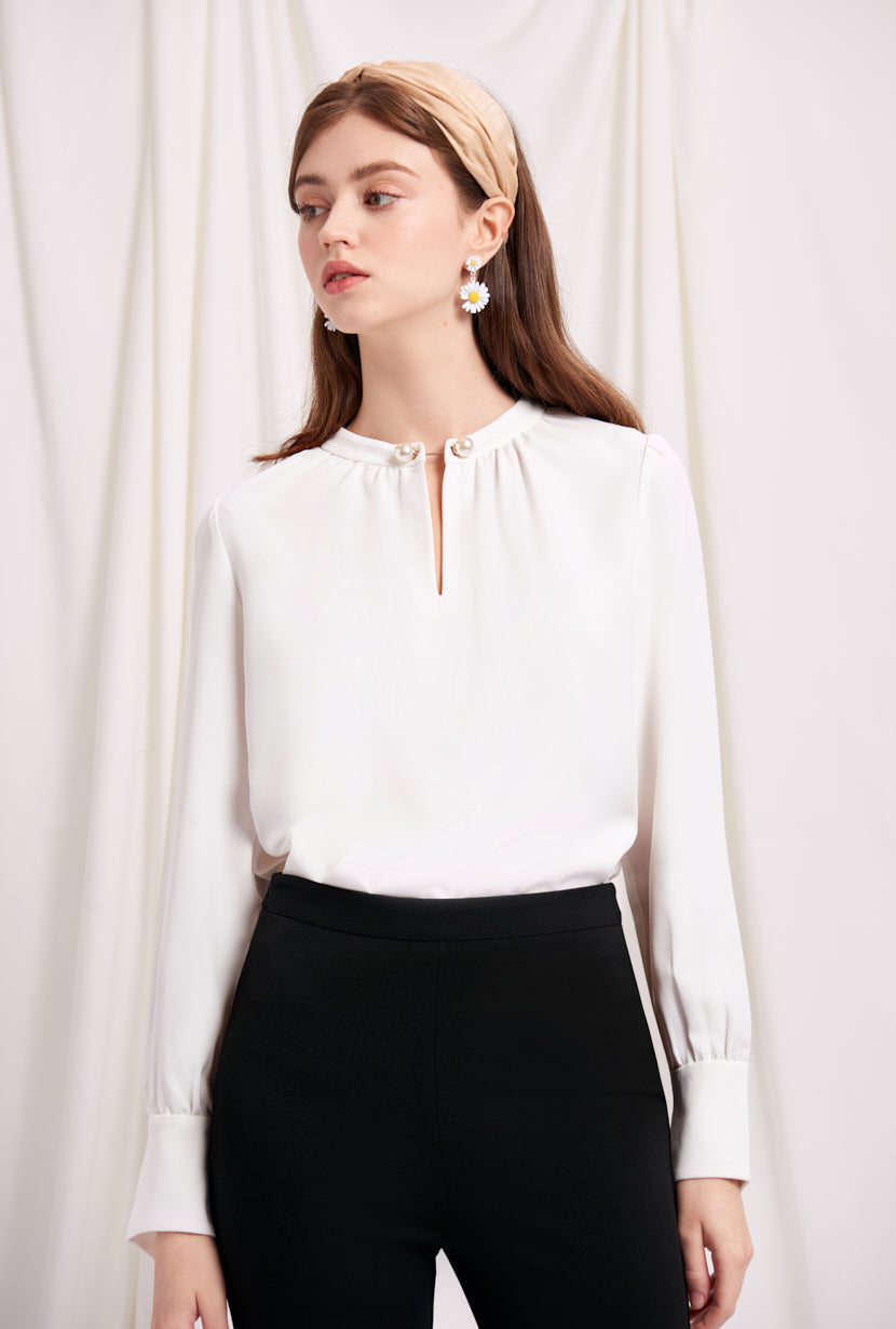 Petite Studio's Office-Appropriate Buvette Pearl Blouse in Ivory