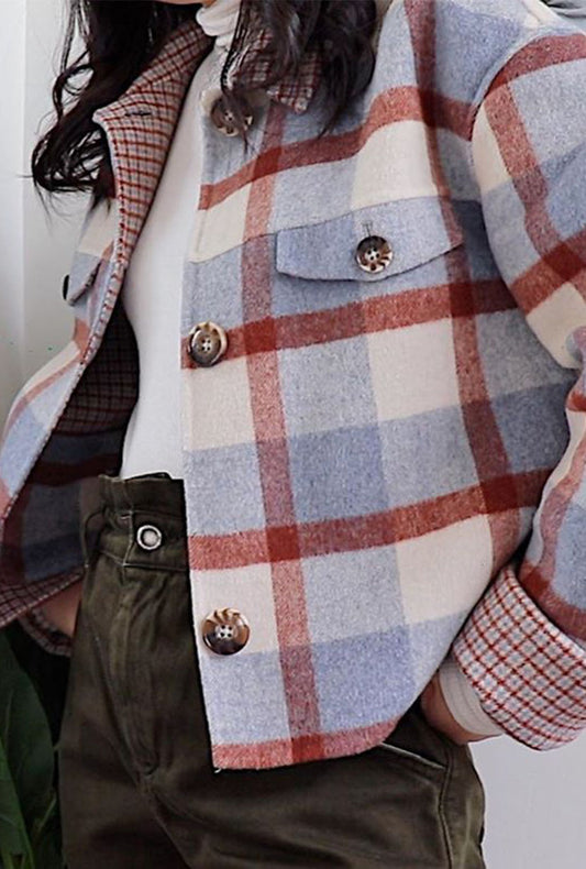 Petite Studio's oversized Stockholm Reversible Wool Jacket in Blue Plaid